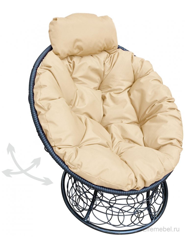 Кресло из ротанга Папасан мини чёрное / бежевая подушка