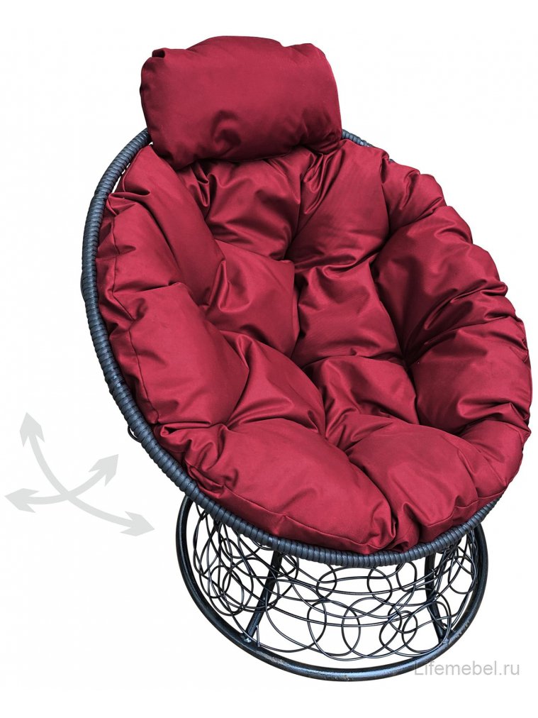 Кресло из ротанга Папасан мини чёрное / бордовая подушка