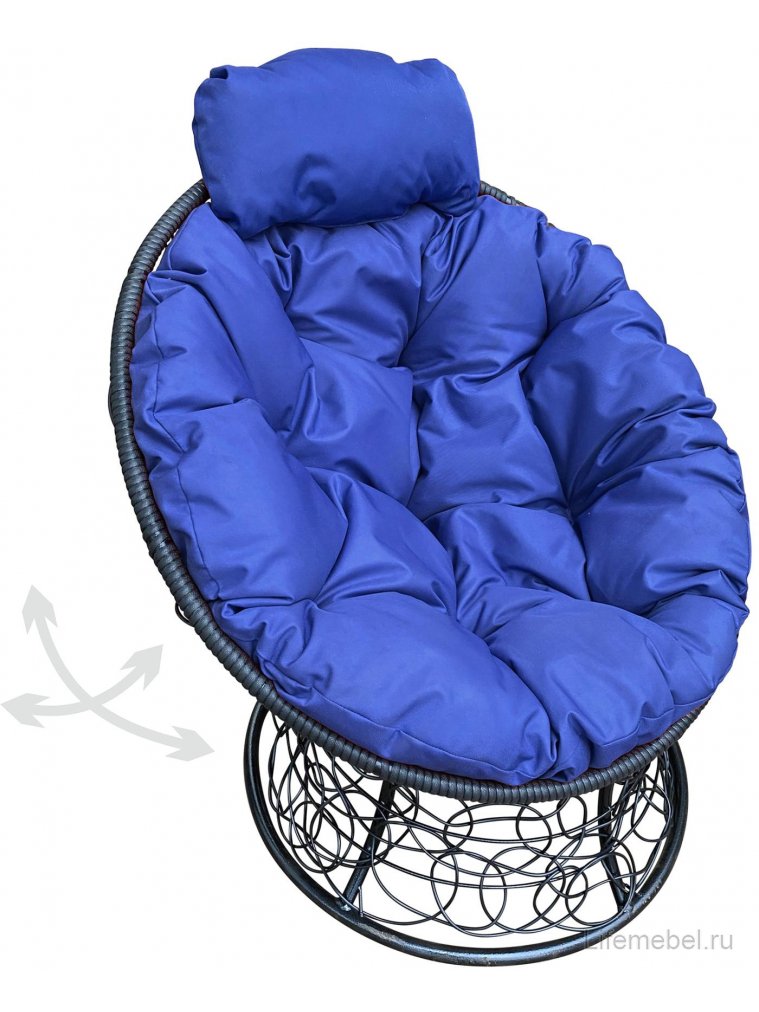 Кресло из ротанга Папасан мини чёрное / синяя подушка