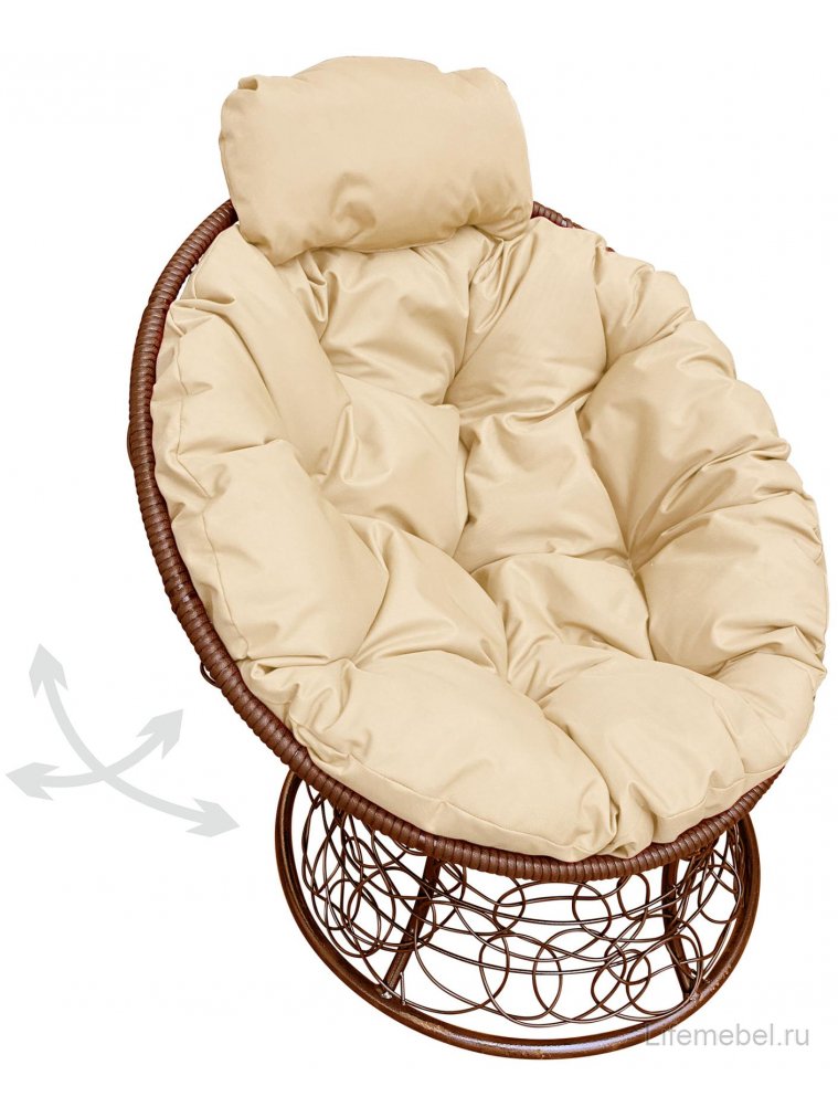 Кресло из ротанга Папасан мини коричневое / бежевая подушка