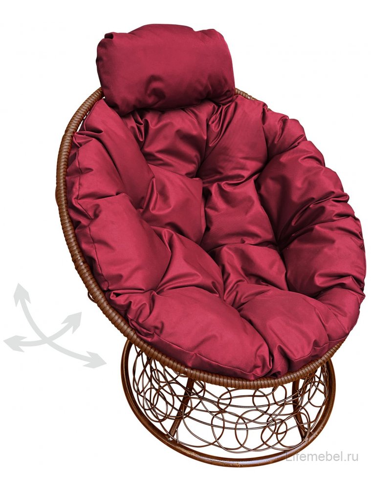 Кресло из ротанга Папасан мини коричневое / бордовая подушка