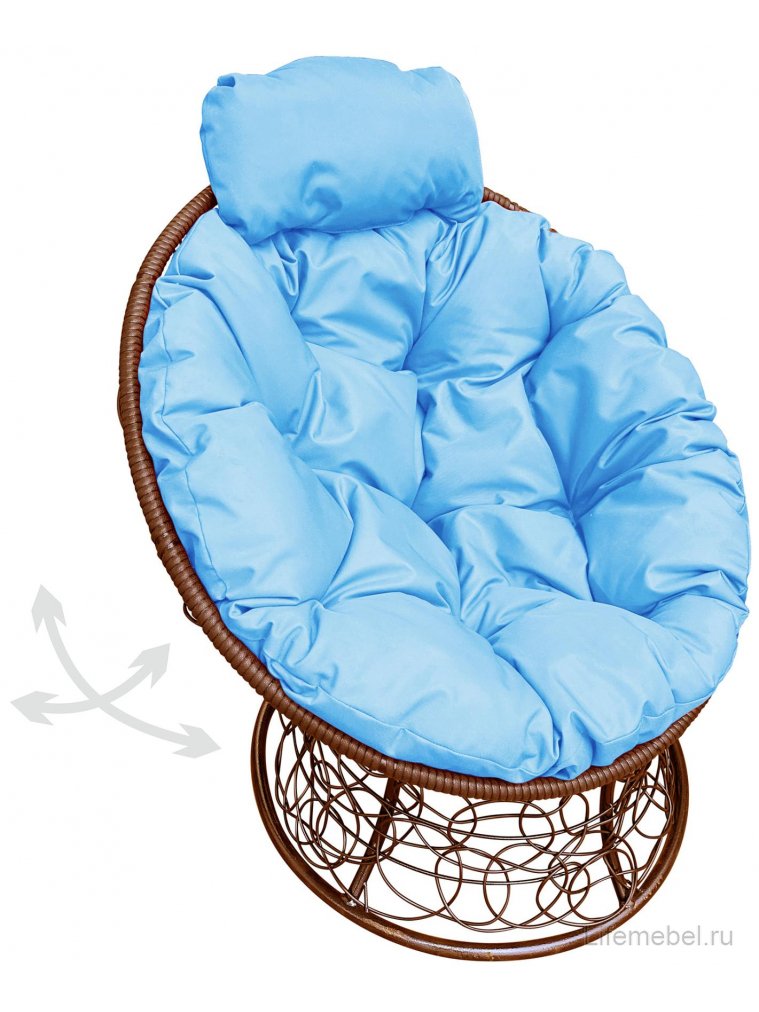 Кресло из ротанга Папасан мини коричневое / голубая подушка