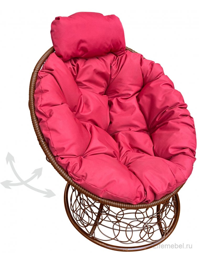 Кресло из ротанга Папасан мини коричневое / красная подушка