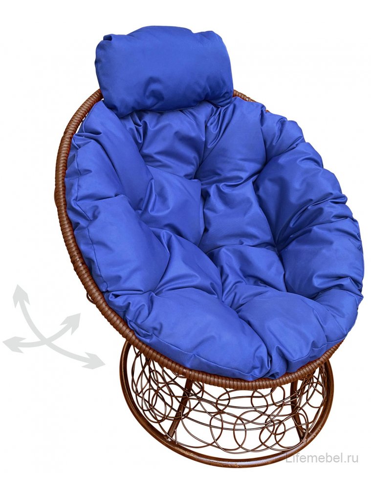Кресло из ротанга Папасан мини коричневое / синяя подушка
