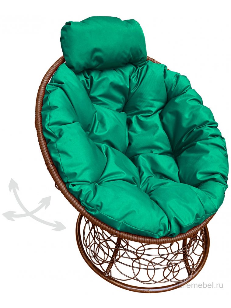 Кресло из ротанга Папасан мини коричневое / зелёная подушка