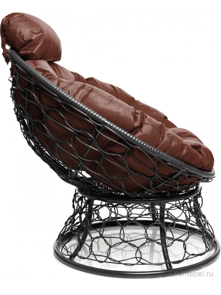 Кресло из ротанга Папасан мини серое / коричневая подушка