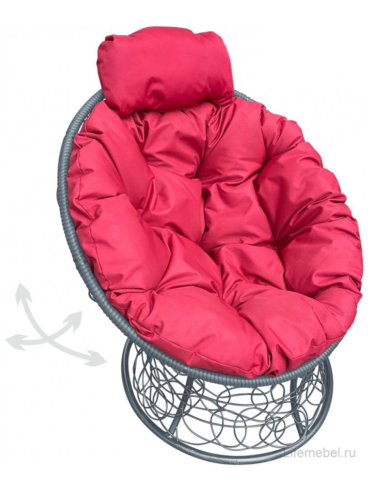 Кресло из ротанга Папасан мини серое / красная подушка