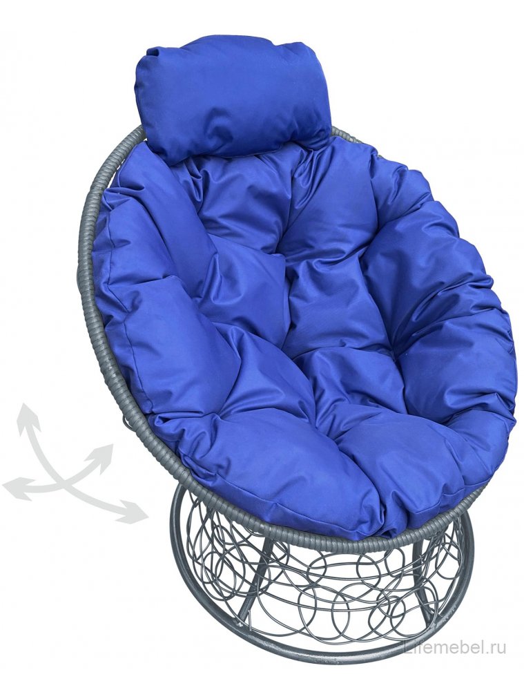 Кресло из ротанга Папасан мини серое / синяя подушка