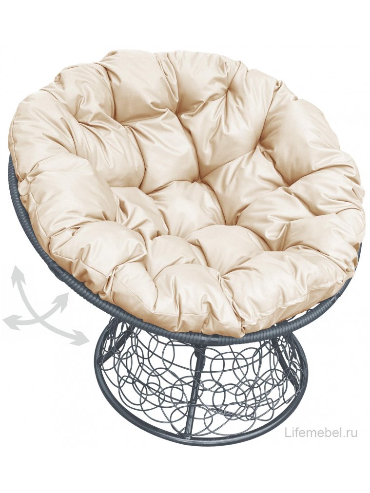 Кресло из ротанга Папасан серое / бежевая подушка