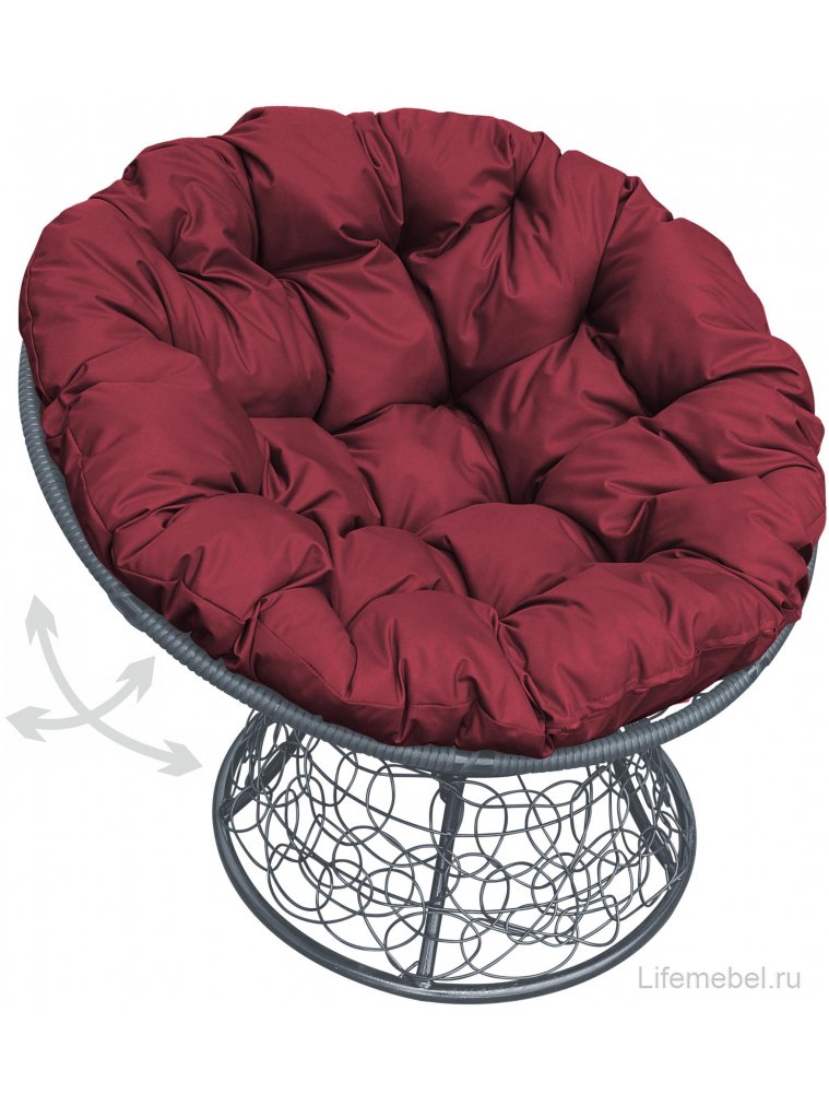 Кресло из ротанга Папасан серое / бордовая подушка