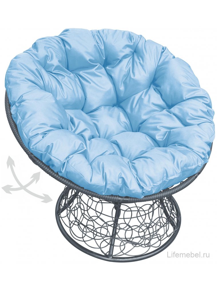 Кресло из ротанга Папасан серое / голубая подушка