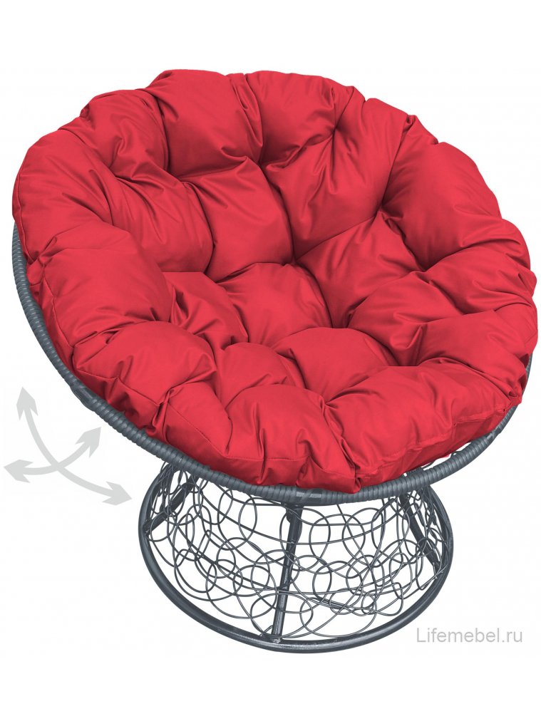 Кресло из ротанга Папасан серое / красная подушка