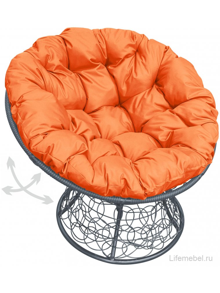 Кресло из ротанга Папасан серое / оранжевая подушка