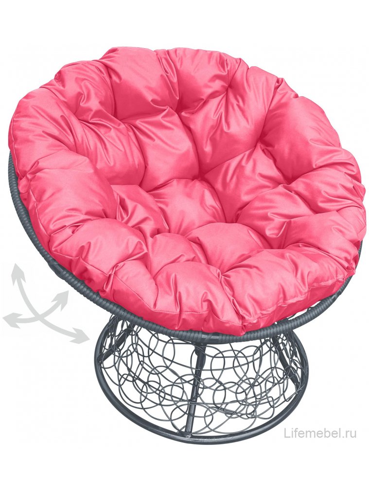 Кресло из ротанга Папасан серое / розовая подушка