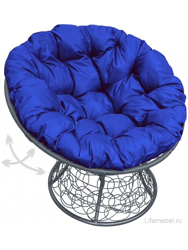 Кресло из ротанга Папасан серое / синяя подушка