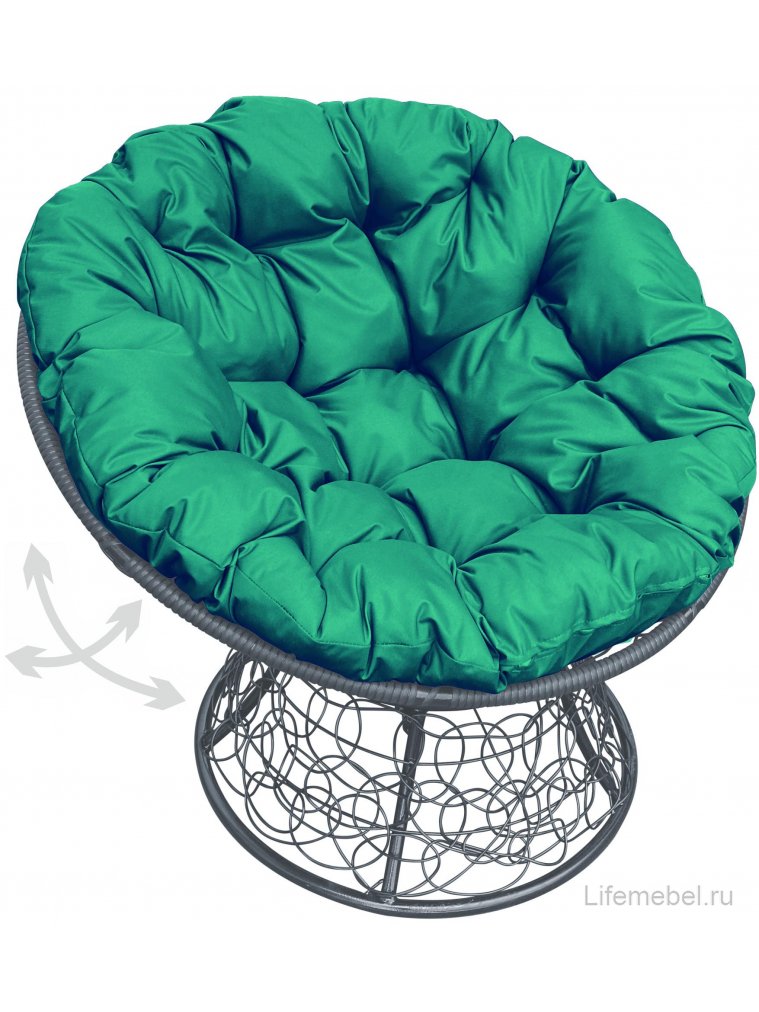 Кресло из ротанга Папасан серое / зелёная подушка