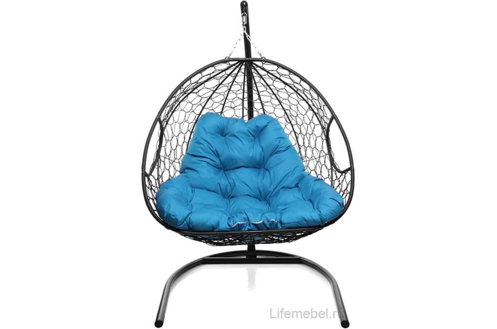 Подвесное кресло Для двоих черный / голубая подушка