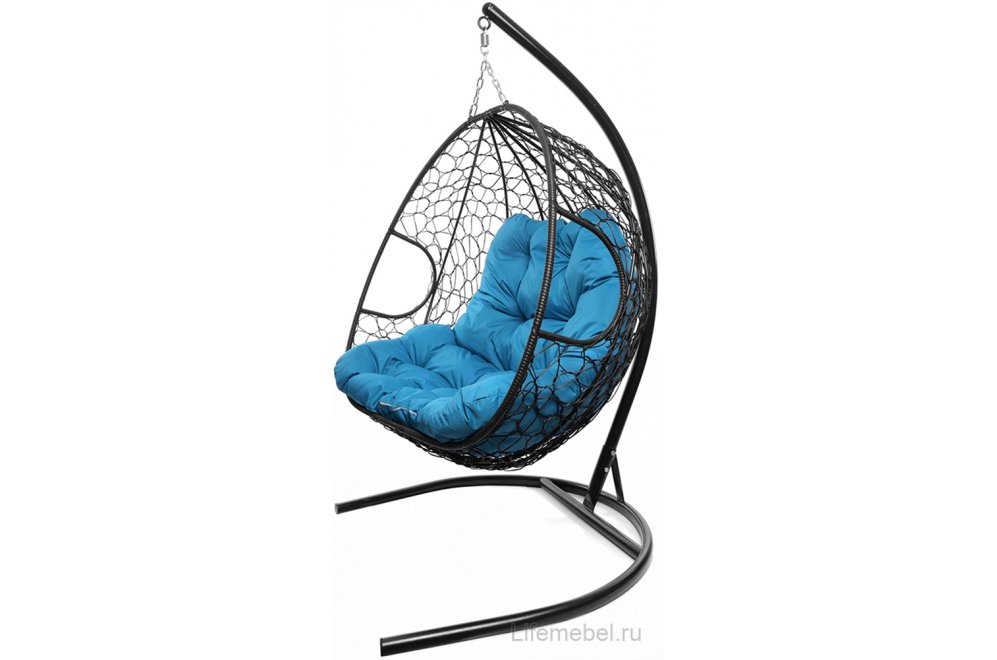 Подвесное кресло Для двоих черный / голубая подушка