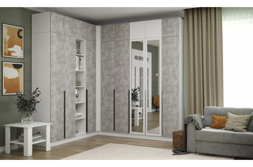 Шкаф 2м Мадрид с зеркалом белый / ателье светлое