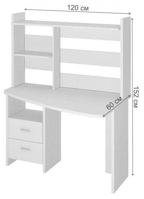 Стол компьютерный с надстройкой 120 х 60 см круглый белый правый