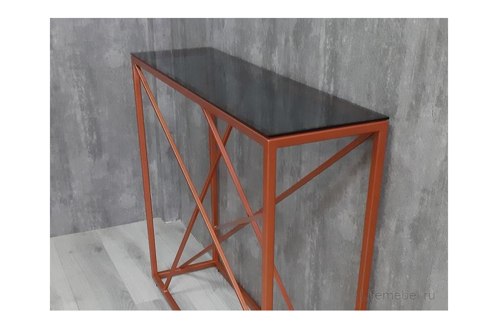 Консольный стол Loft Paterson металлокаркас медь / тонированное стекло