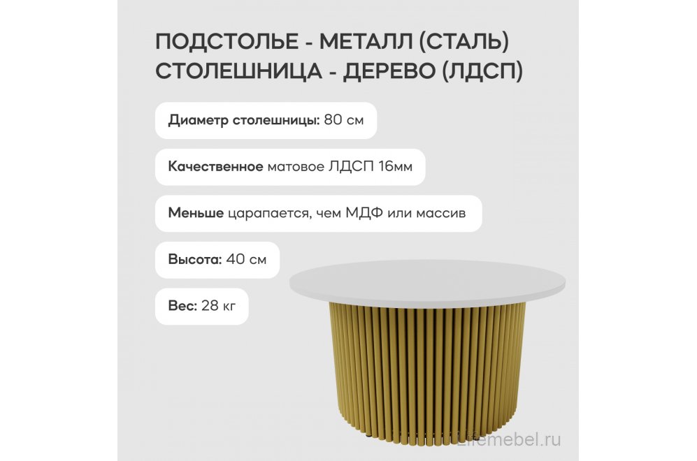 Журнальный столик Trubis Wood 80x40x80 белый / золотой металл