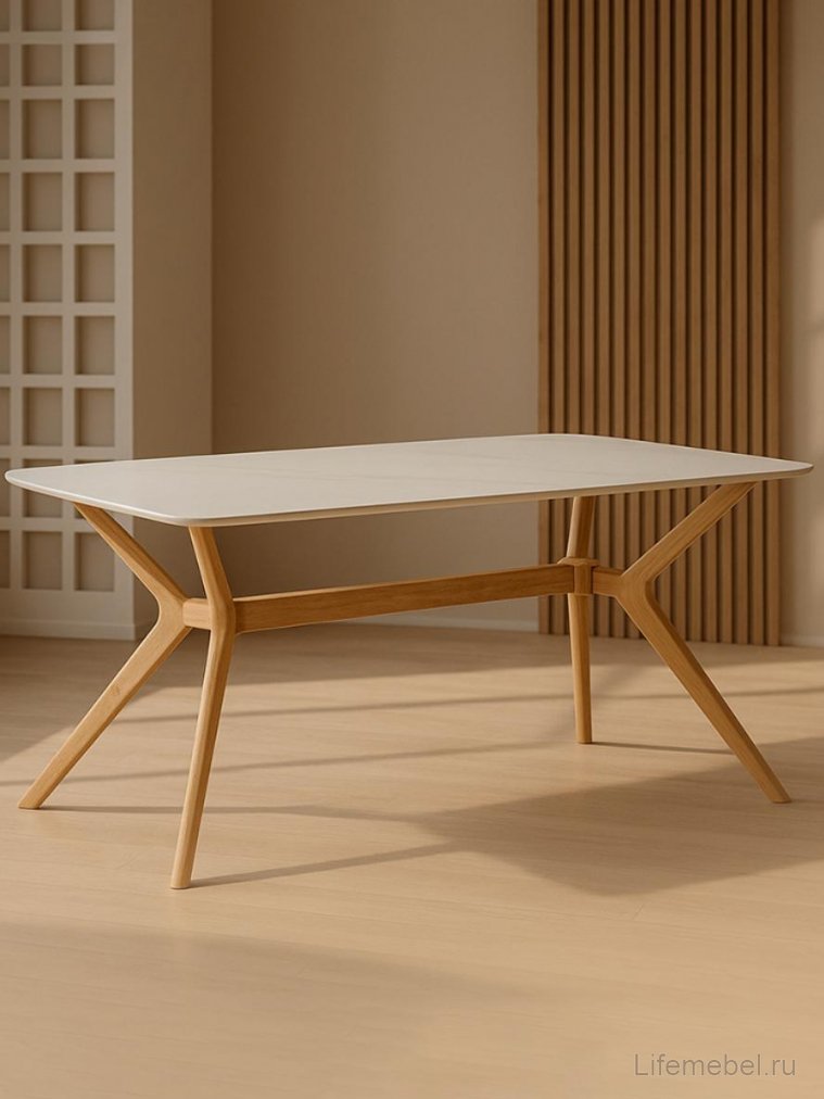 Стол Unika 180x80 белый спеченный камень / светлое дерево