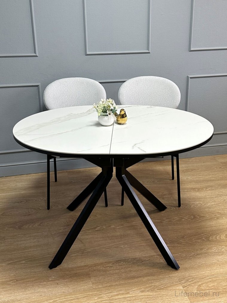 Керамический стол Avilon 110-155х90х76 круглый раскладной белый мрамор / черный