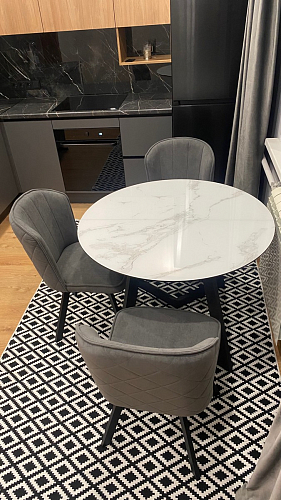 Стеклянный стол Алингсос 100(140)х100х76 белый / белая шагрень фото покупателя 2