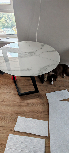 Стеклянный стол Алингсос 100(140)х100х76 мрамор серый / черная шагрень фото покупателя 4