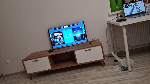 ТВ-тумба Эго Т-3 на ножках бетон светлый / белый глянец фото покупателя 15