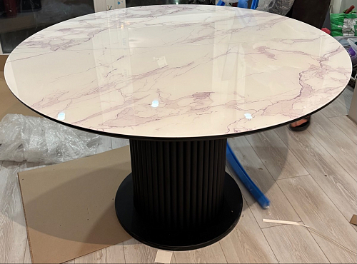 Стеклянный стол Фостер 120(160)х120х76 белый мрамор / черный фото покупателя 25